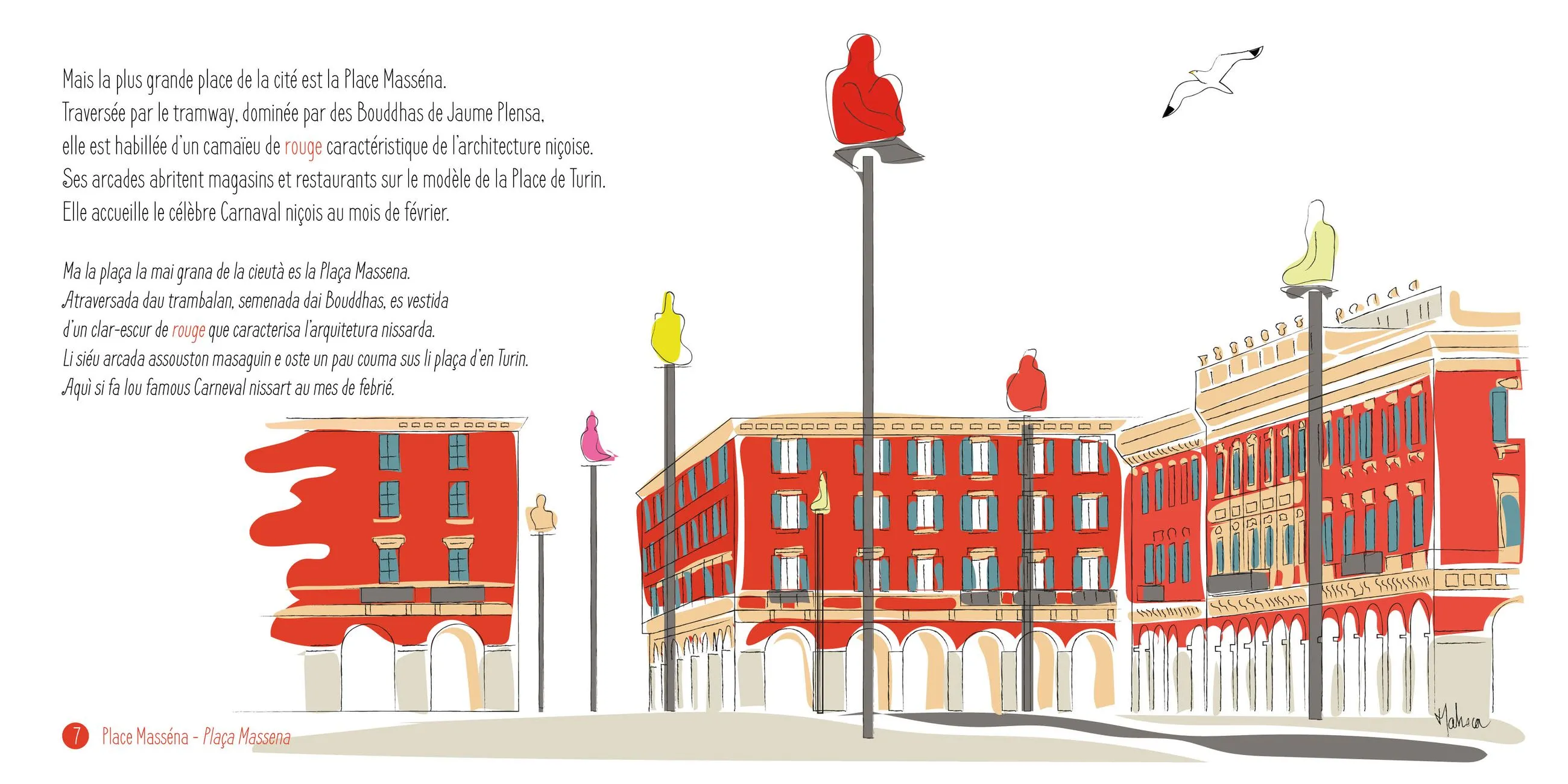 Intérieure du livre sure les transport niçois du la collection de livre en nissart Gabi La Mouette illustrée par Marie Hortense Camous